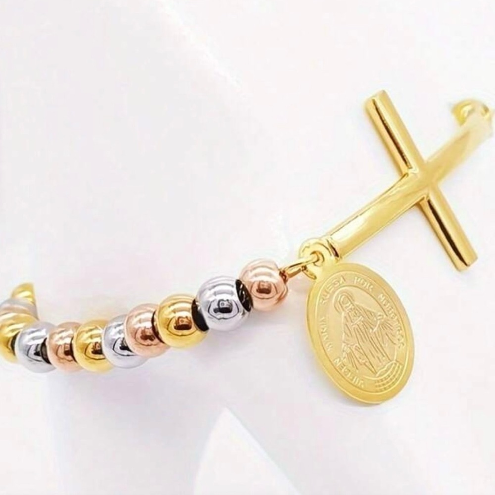 18k Hip-Hop Style Round Bracelet with Stainless Steel Beads, Elastic Rope